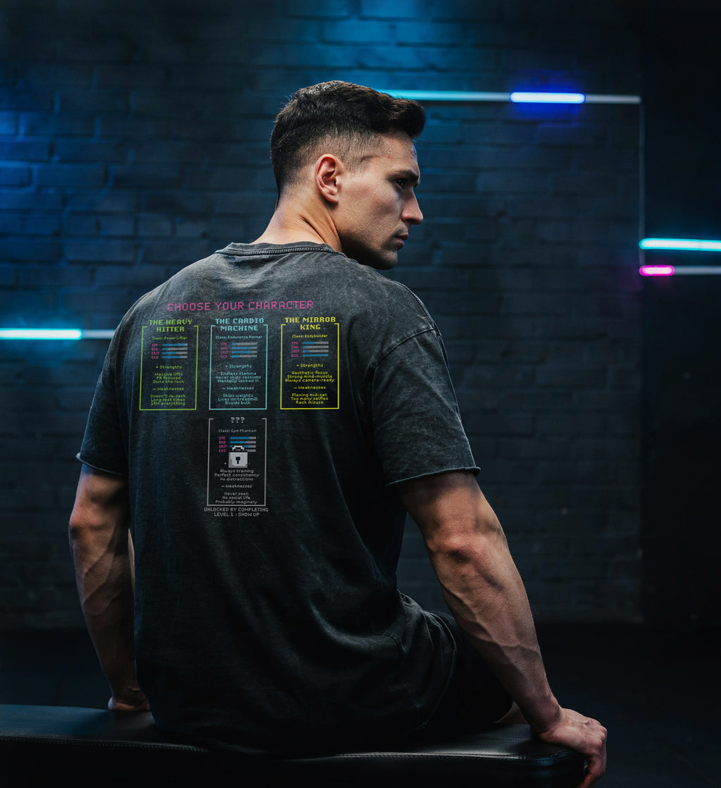 Character Select Oversized Gym T-Shirt | Retro Arcade Pump Cover