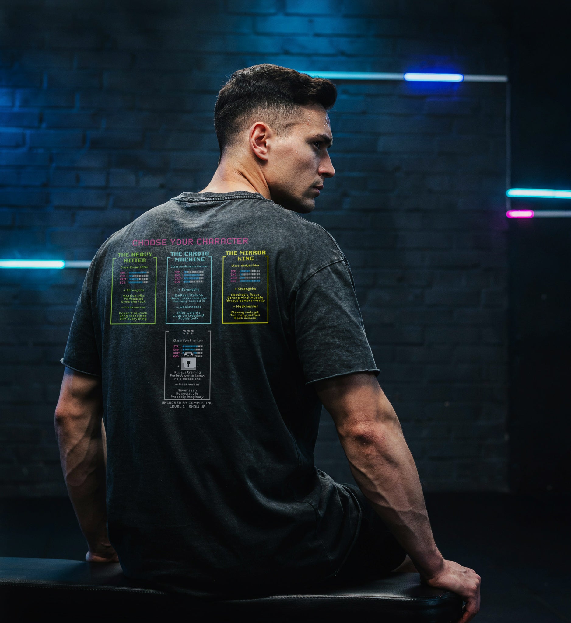 Character Select Oversized Gym T-Shirt | Retro Arcade Pump Cover